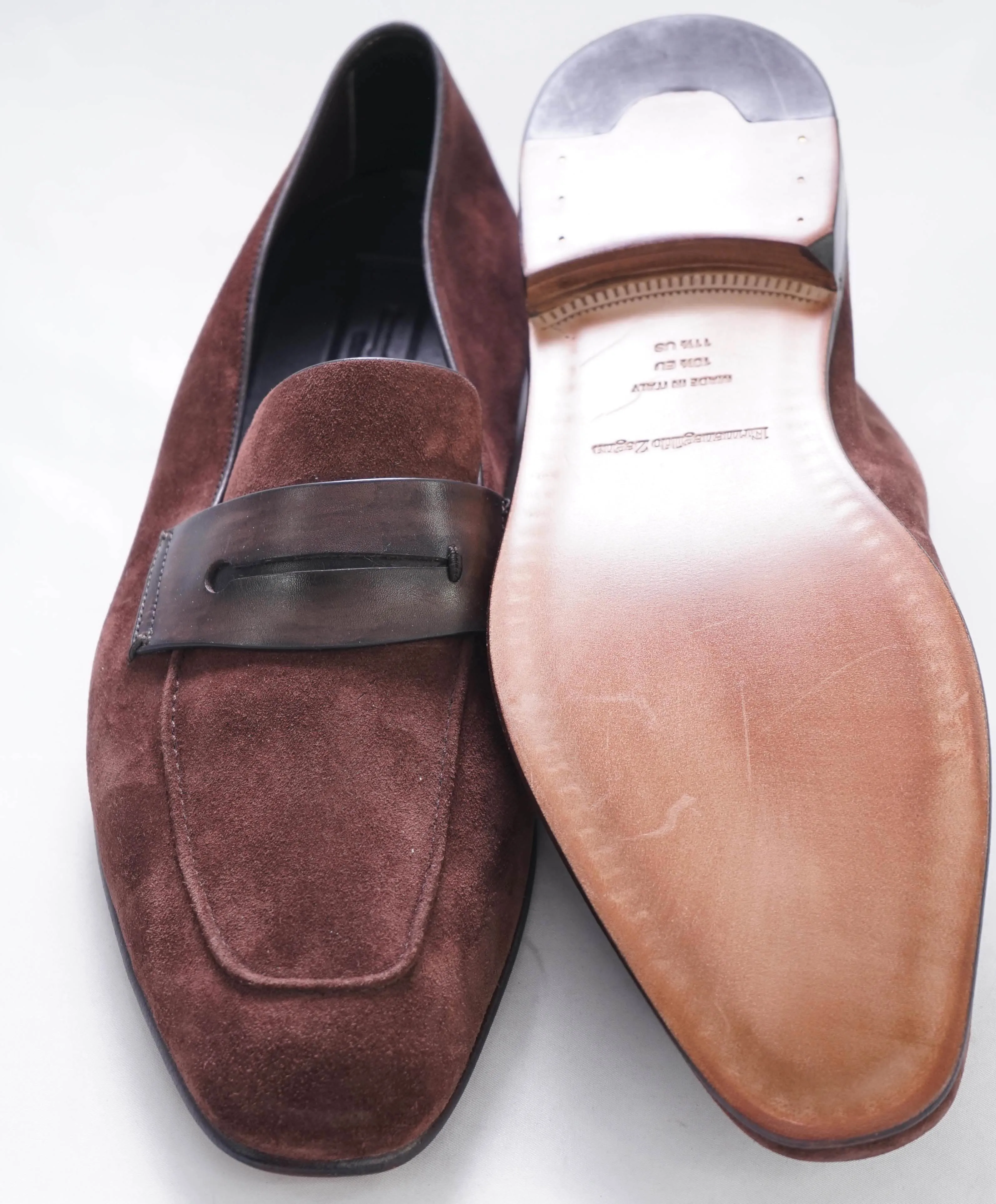 $960 ERMENEGILDO ZEGNA - Brown/Burgundy Penny Loafers - 11.5 US