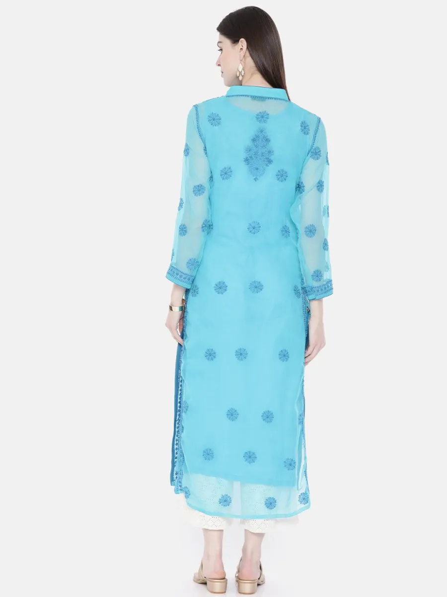 ADA Women Blue Embroidered Lucknow Chikankari Straight Kurta With Slip