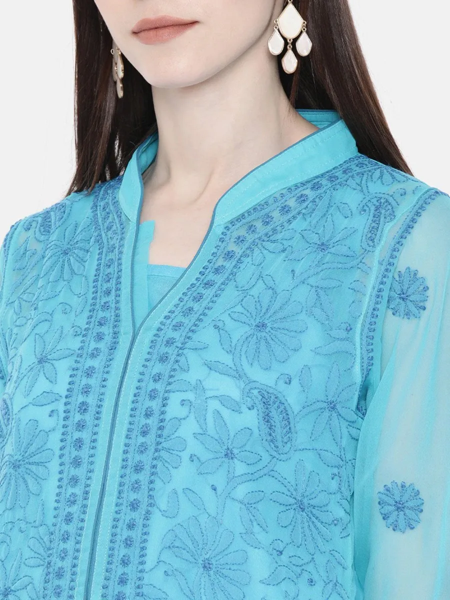 ADA Women Blue Embroidered Lucknow Chikankari Straight Kurta With Slip