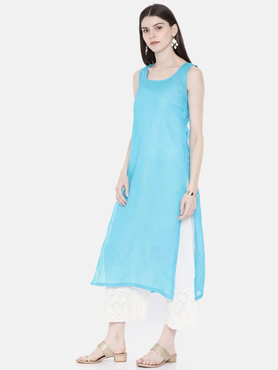 ADA Women Blue Embroidered Lucknow Chikankari Straight Kurta With Slip