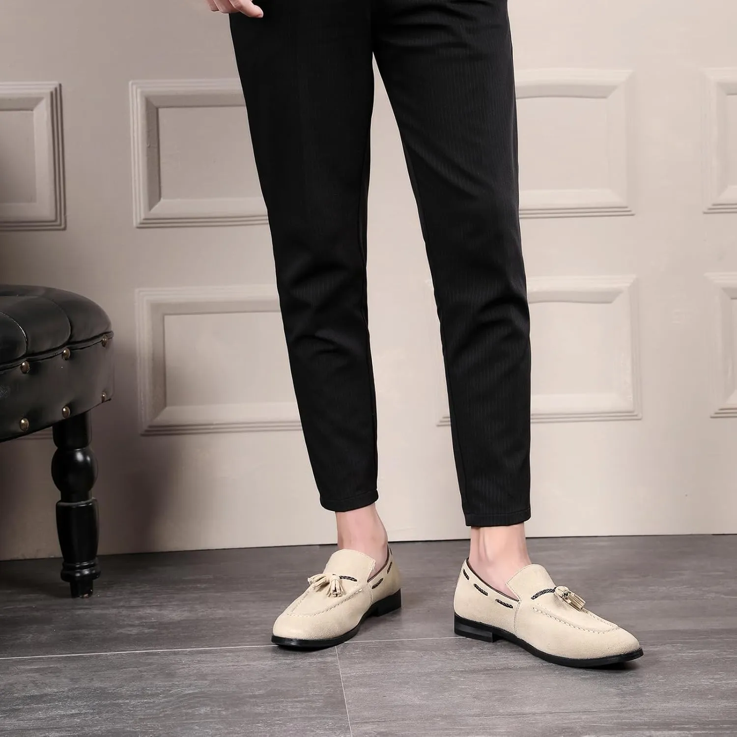 ByErz Men's Suede Leather Loafer Shoes Office and Casual Slip-On Loafer Smoking Slipper with Tassel
