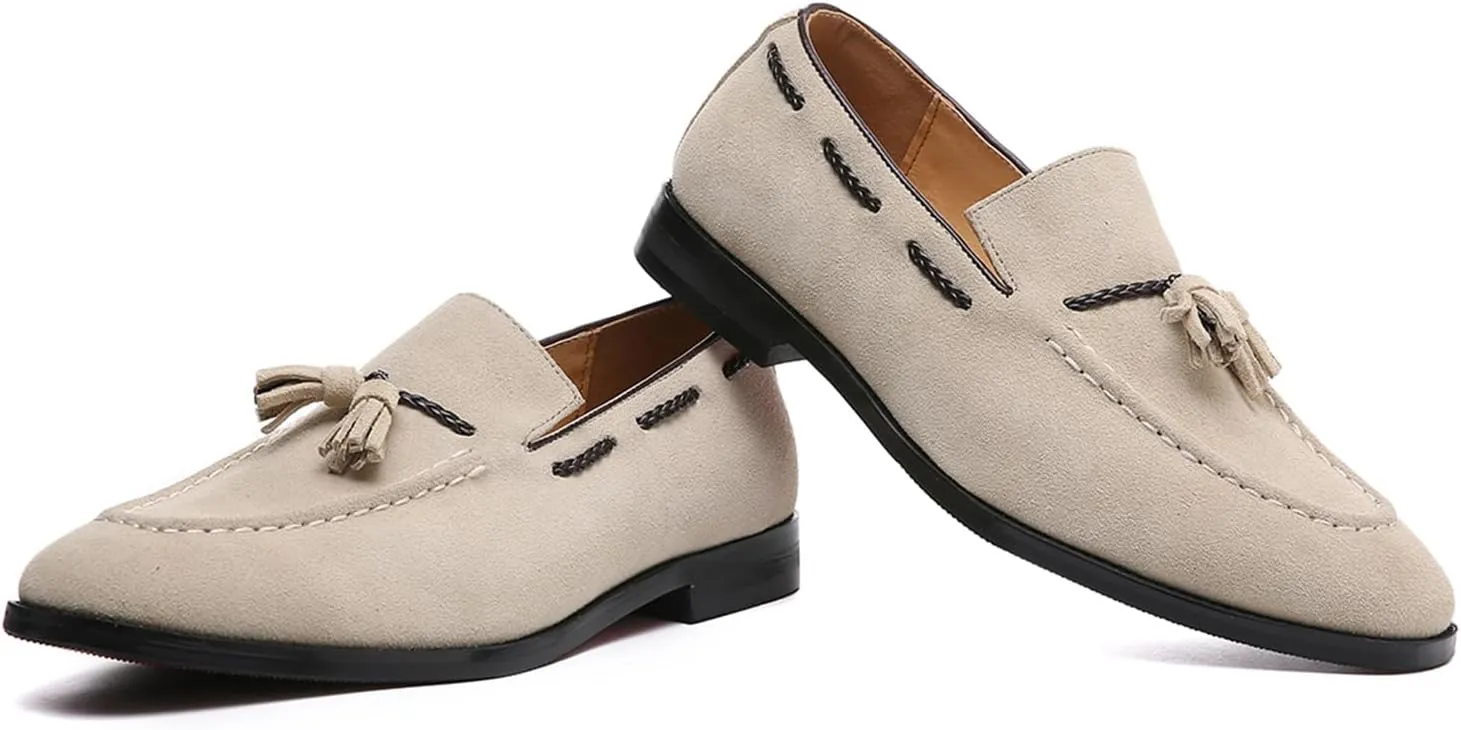 ByErz Men's Suede Leather Loafer Shoes Office and Casual Slip-On Loafer Smoking Slipper with Tassel
