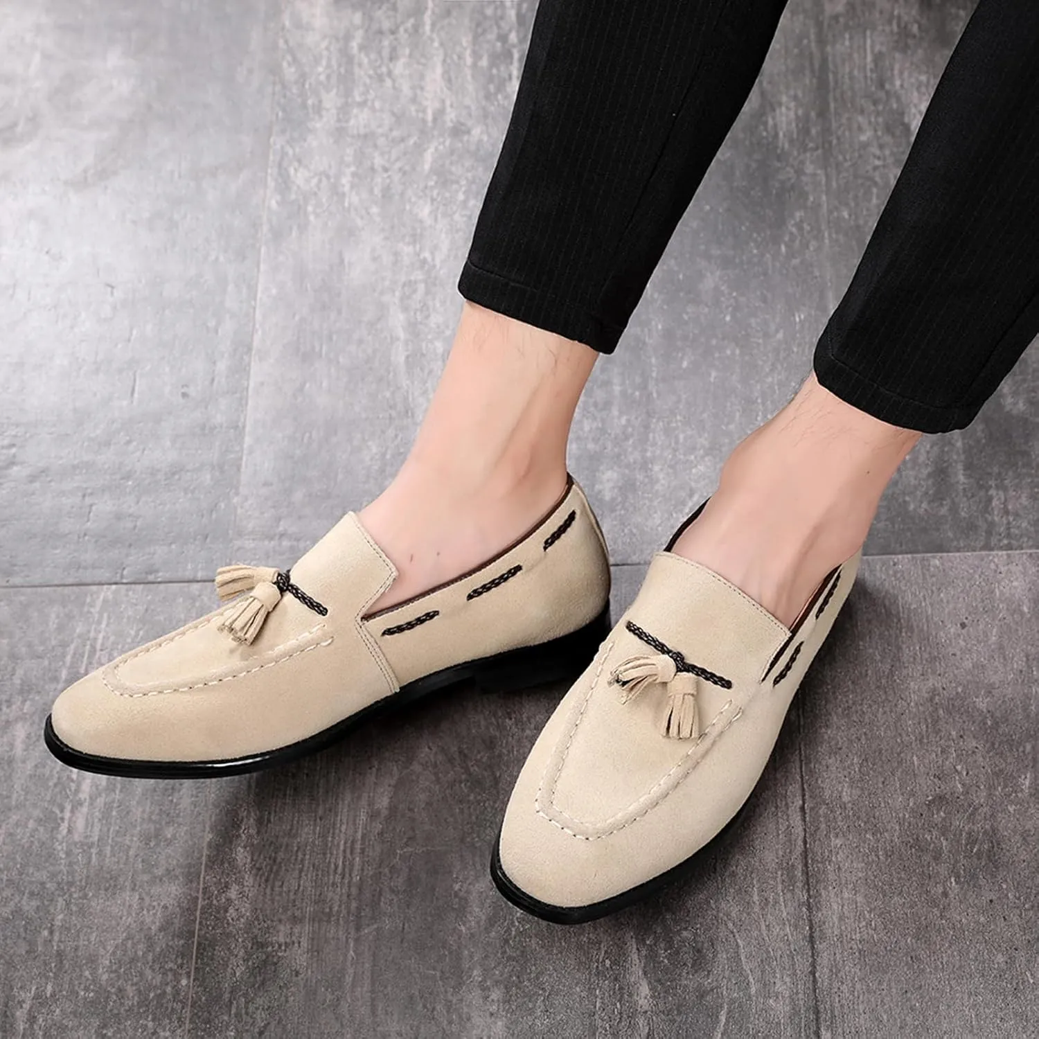 ByErz Men's Suede Leather Loafer Shoes Office and Casual Slip-On Loafer Smoking Slipper with Tassel