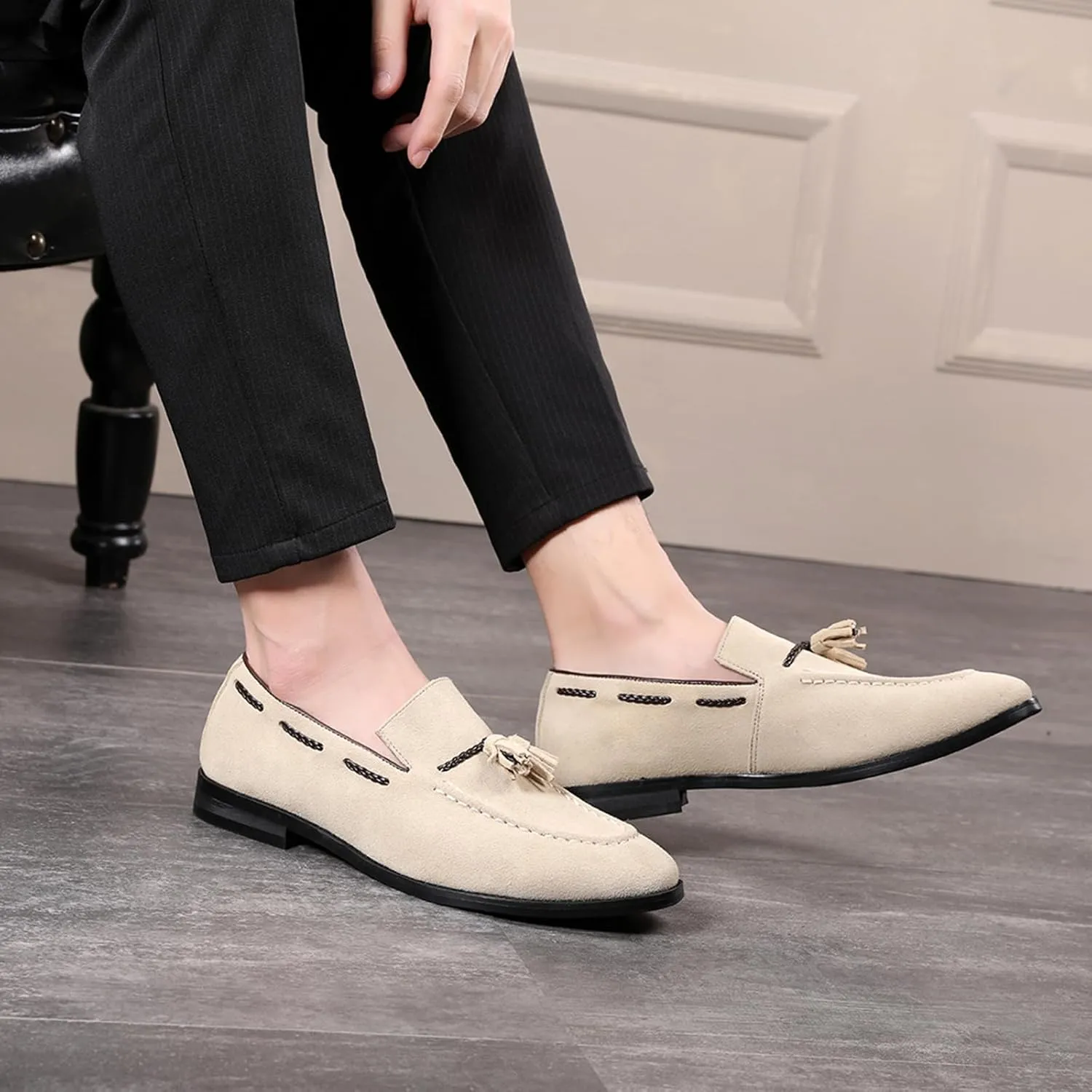 ByErz Men's Suede Leather Loafer Shoes Office and Casual Slip-On Loafer Smoking Slipper with Tassel