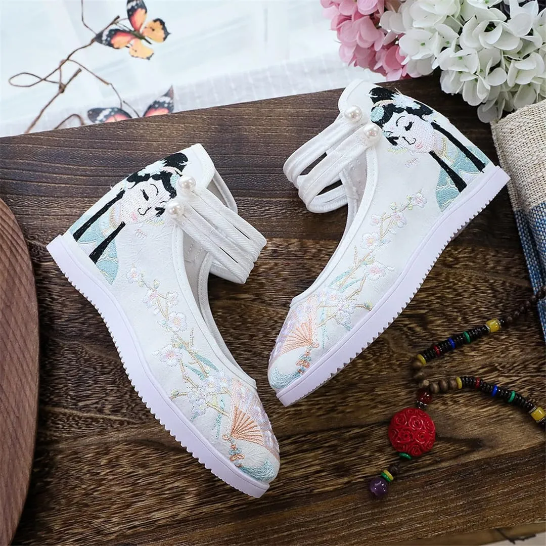 Chinese Royal Embroidered Cotton Fabric Hidden Platform Shoes Retro Ladies Ankle Strap Hanfu Dress Shoes