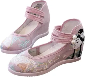 Chinese Royal Embroidered Cotton Fabric Hidden Platform Shoes Retro Ladies Ankle Strap Hanfu Dress Shoes