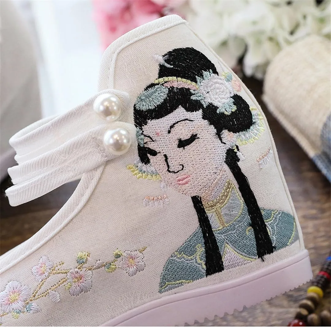 Chinese Royal Embroidered Cotton Fabric Hidden Platform Shoes Retro Ladies Ankle Strap Hanfu Dress Shoes