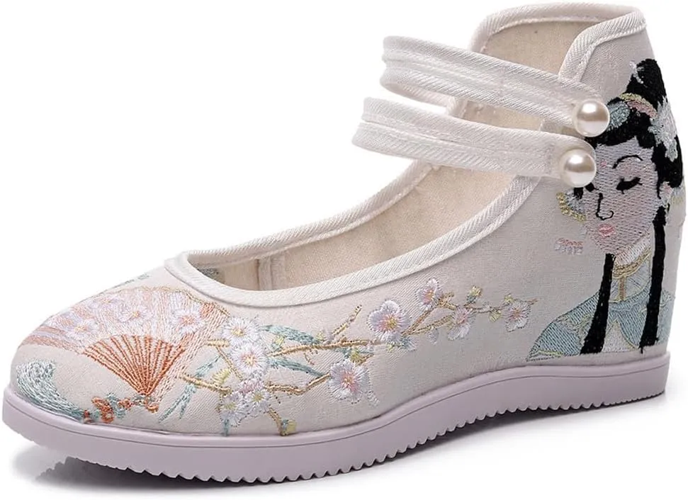 Chinese Royal Embroidered Cotton Fabric Hidden Platform Shoes Retro Ladies Ankle Strap Hanfu Dress Shoes
