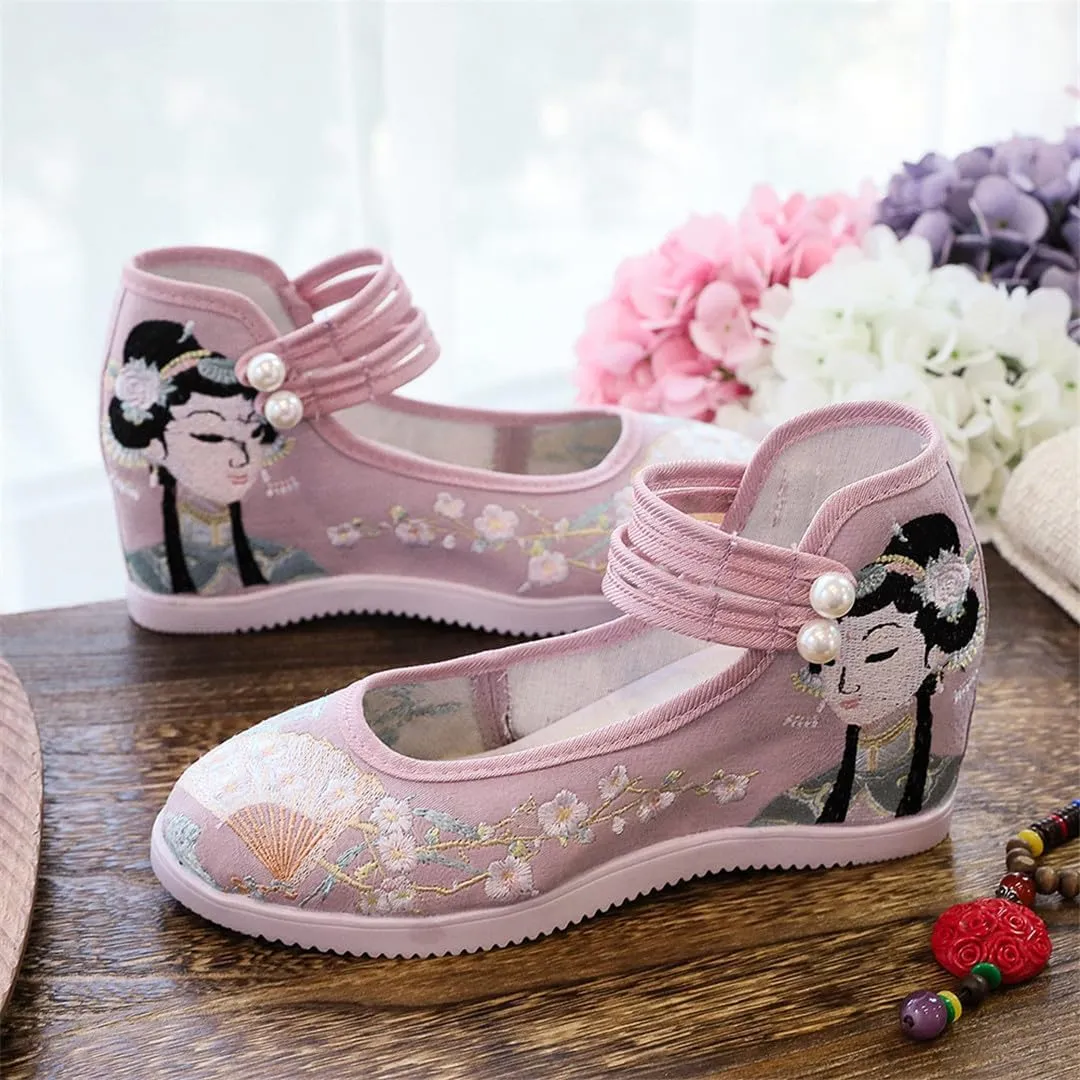 Chinese Royal Embroidered Cotton Fabric Hidden Platform Shoes Retro Ladies Ankle Strap Hanfu Dress Shoes