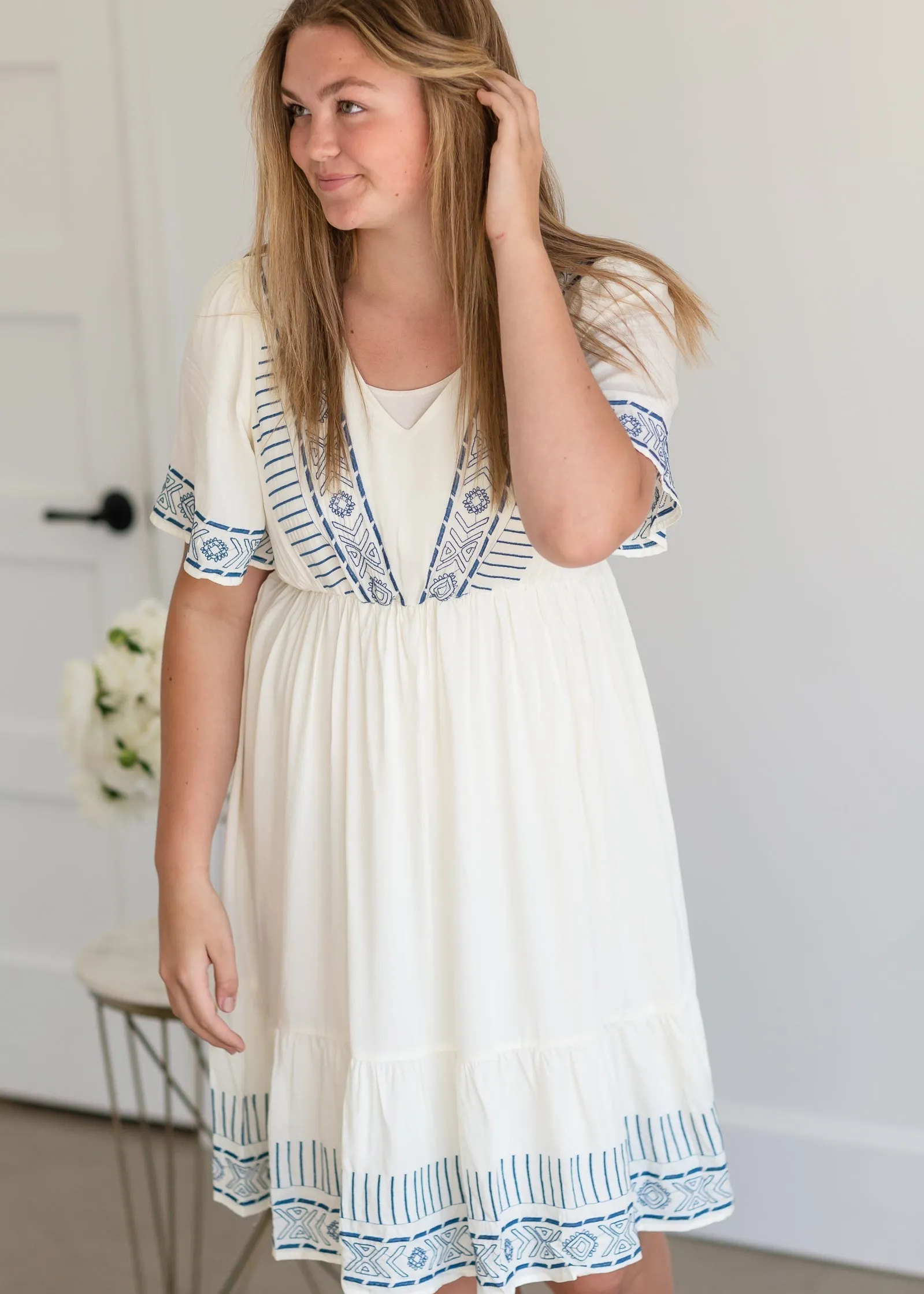 Cream V-Neck Embroidered Dress - FINAL SALE