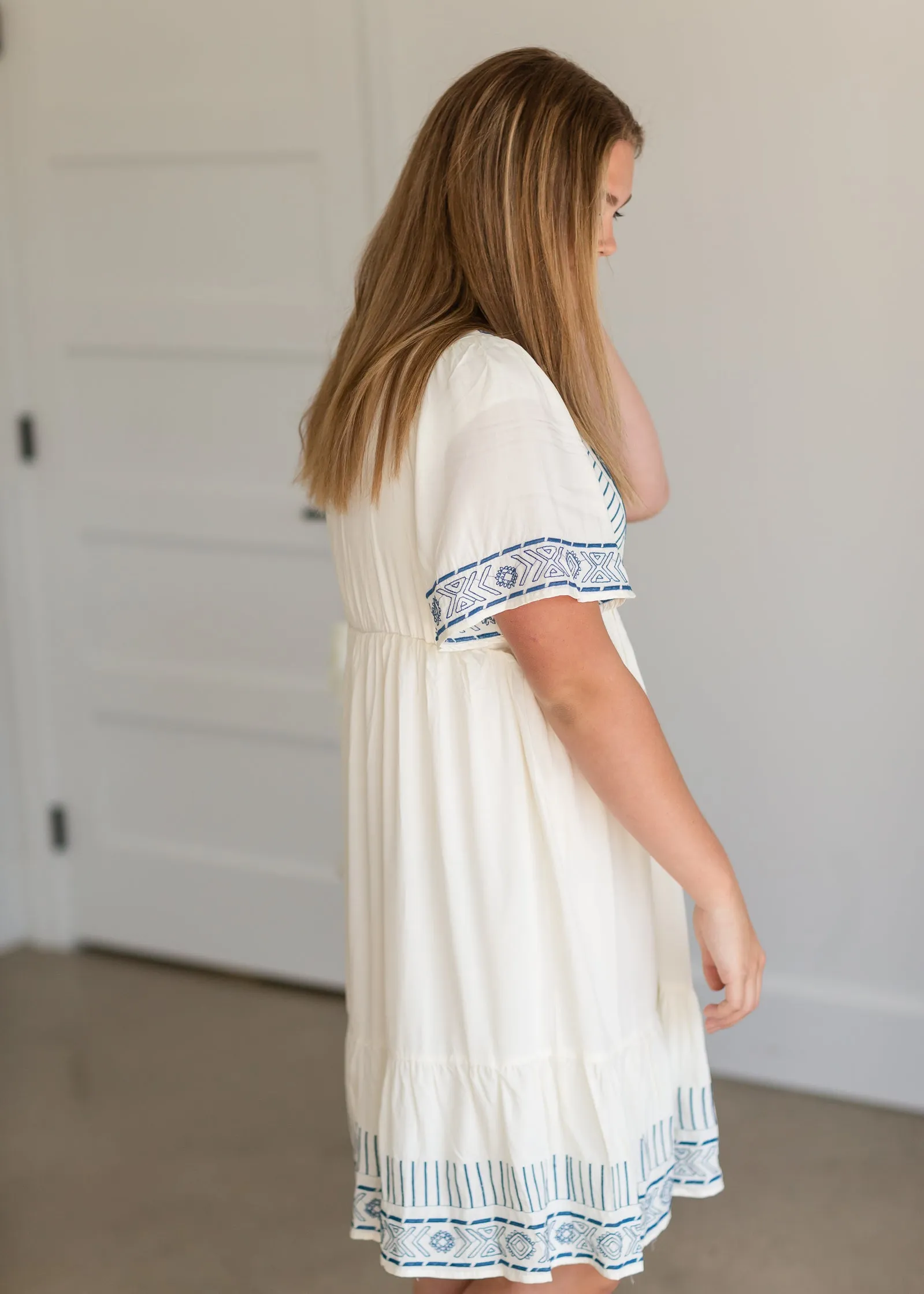 Cream V-Neck Embroidered Dress - FINAL SALE