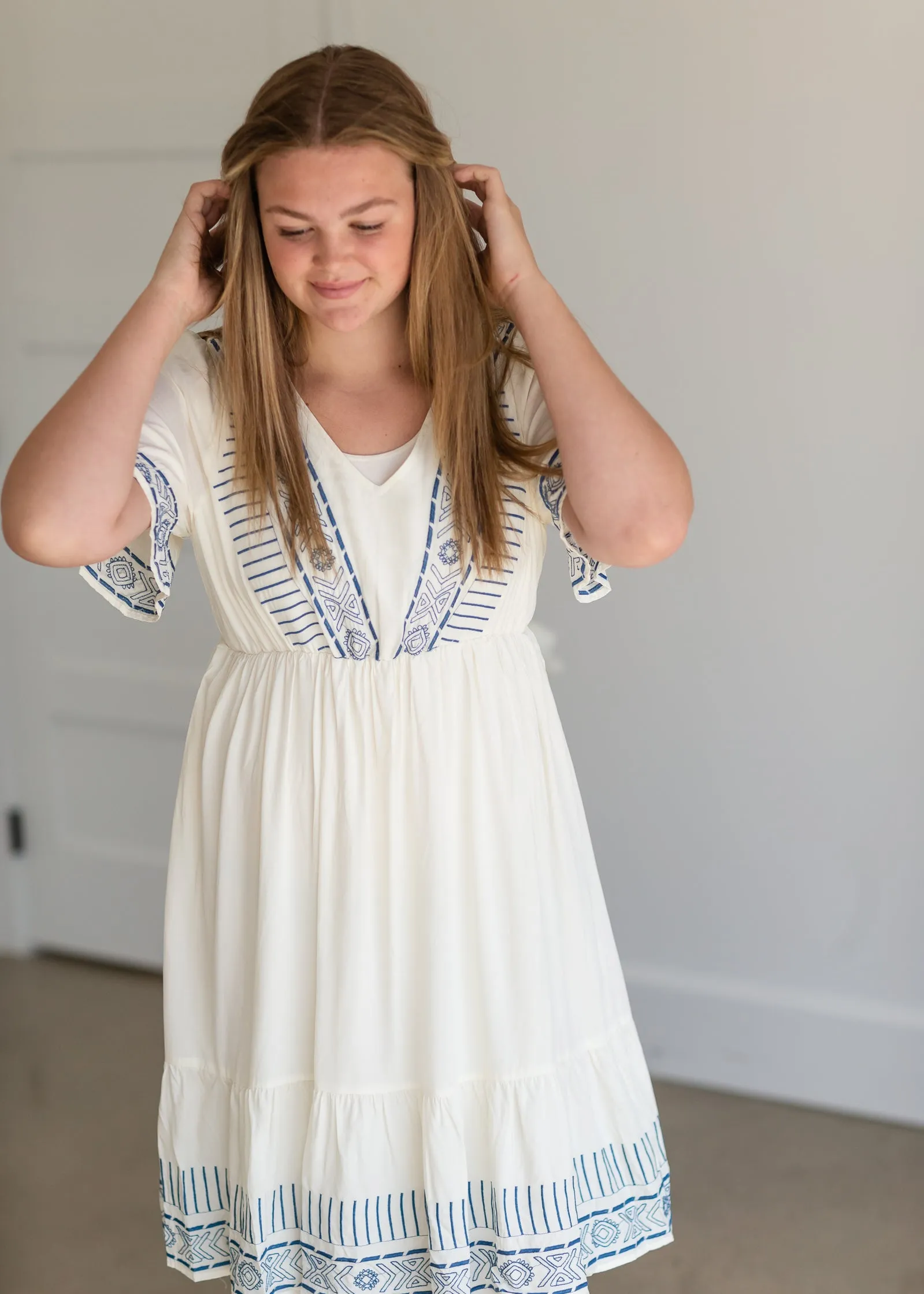 Cream V-Neck Embroidered Dress - FINAL SALE