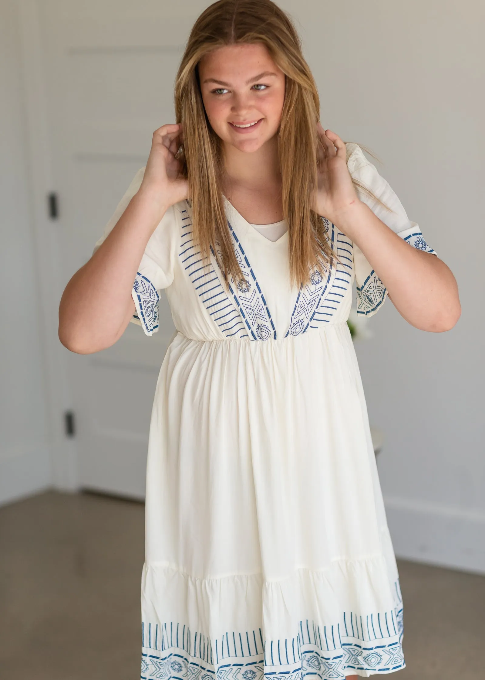 Cream V-Neck Embroidered Dress - FINAL SALE