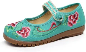 Dear Time Women's Embroidered Flower Cloth Flat Shoes Ethnic Chinese Style Round Toe Mary Jane Ballet Oxfords Shoes