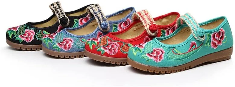 Dear Time Women's Embroidered Flower Cloth Flat Shoes Ethnic Chinese Style Round Toe Mary Jane Ballet Oxfords Shoes