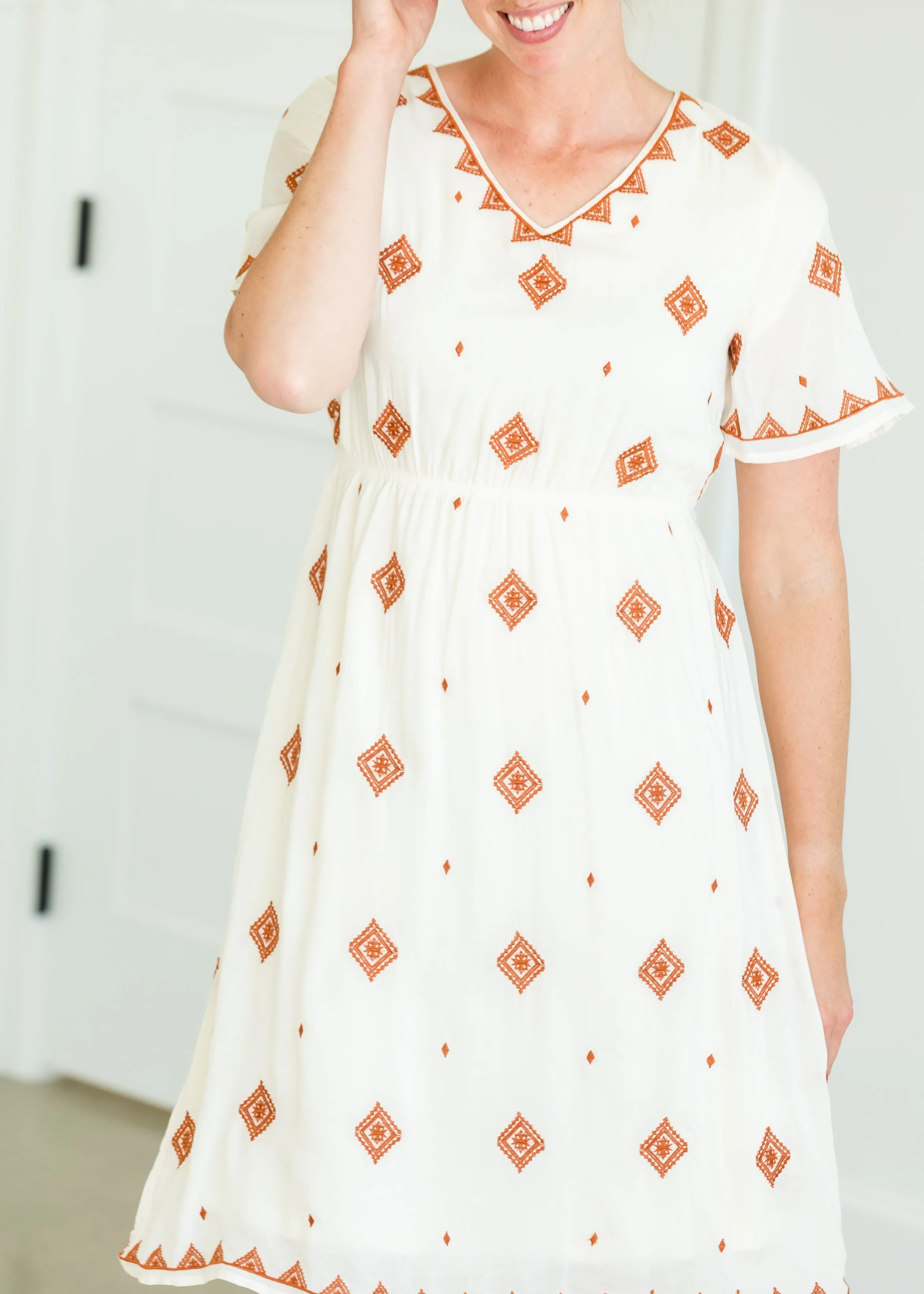 Embroidered Detail V-Neck Midi Dress - FINAL SALE