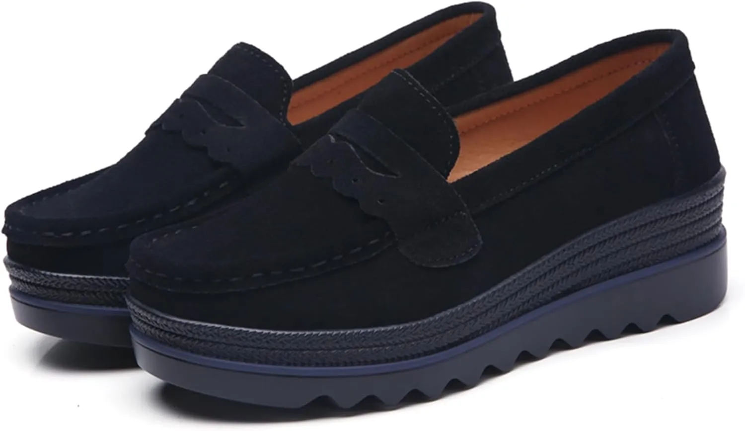 EnllerviiD Women's Platform Loafers Slip-On Comfortable Suede Moccasins Wedge Penny Loafers Thick Soft Platform Lightweight Casual Business Work Shoes Black 39