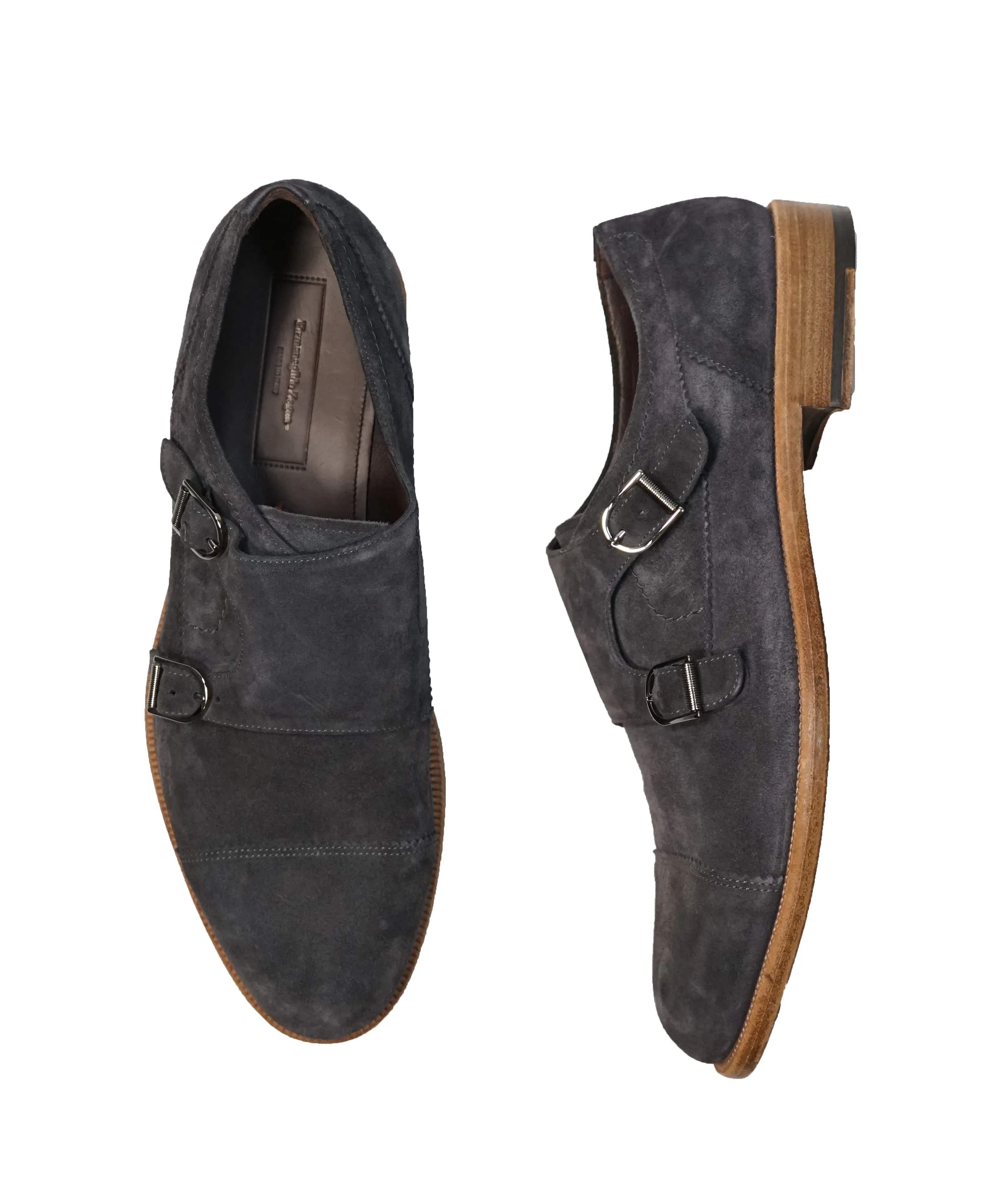 ERMENEGILDO ZEGNA - Powder Blue Suede Double Monk Strap Loafers - 12US