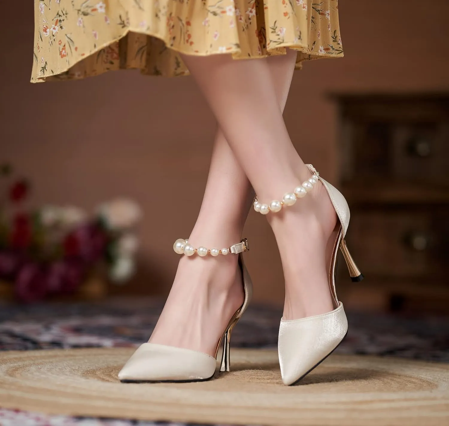 LizFoYa Women D’Orsay Sexy High Heels Evening Bridal Wedding Formal Pump Shoes with Pearls Ankle Strap