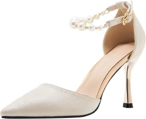 LizFoYa Women D’Orsay Sexy High Heels Evening Bridal Wedding Formal Pump Shoes with Pearls Ankle Strap