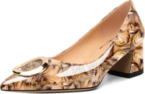 SAMMITOP Women's Block Heel Chunky Pumps Low Heels Pointed Toe Heel with Metal Buckle Slip on Closed Toe Heeled Loafers Wedding Party Dress Shoes