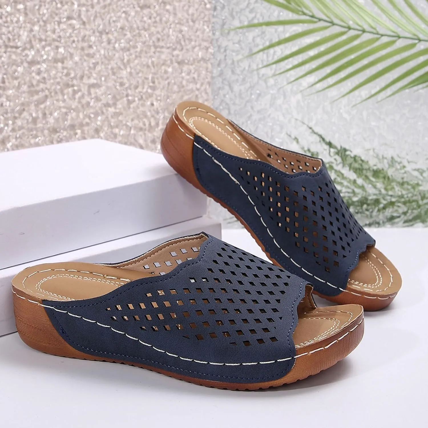 Slippers for Women Summer Beach Platform Sandals Slip on Wide Width Sandals Leather Wedge Slippers Walking Shoes
