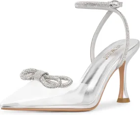 wetkiss Silver Heels for Bride - Sparkly Wedding Heels with Rhinestones, Strappy Closed Toe Pumps for Women, Formal Shoes