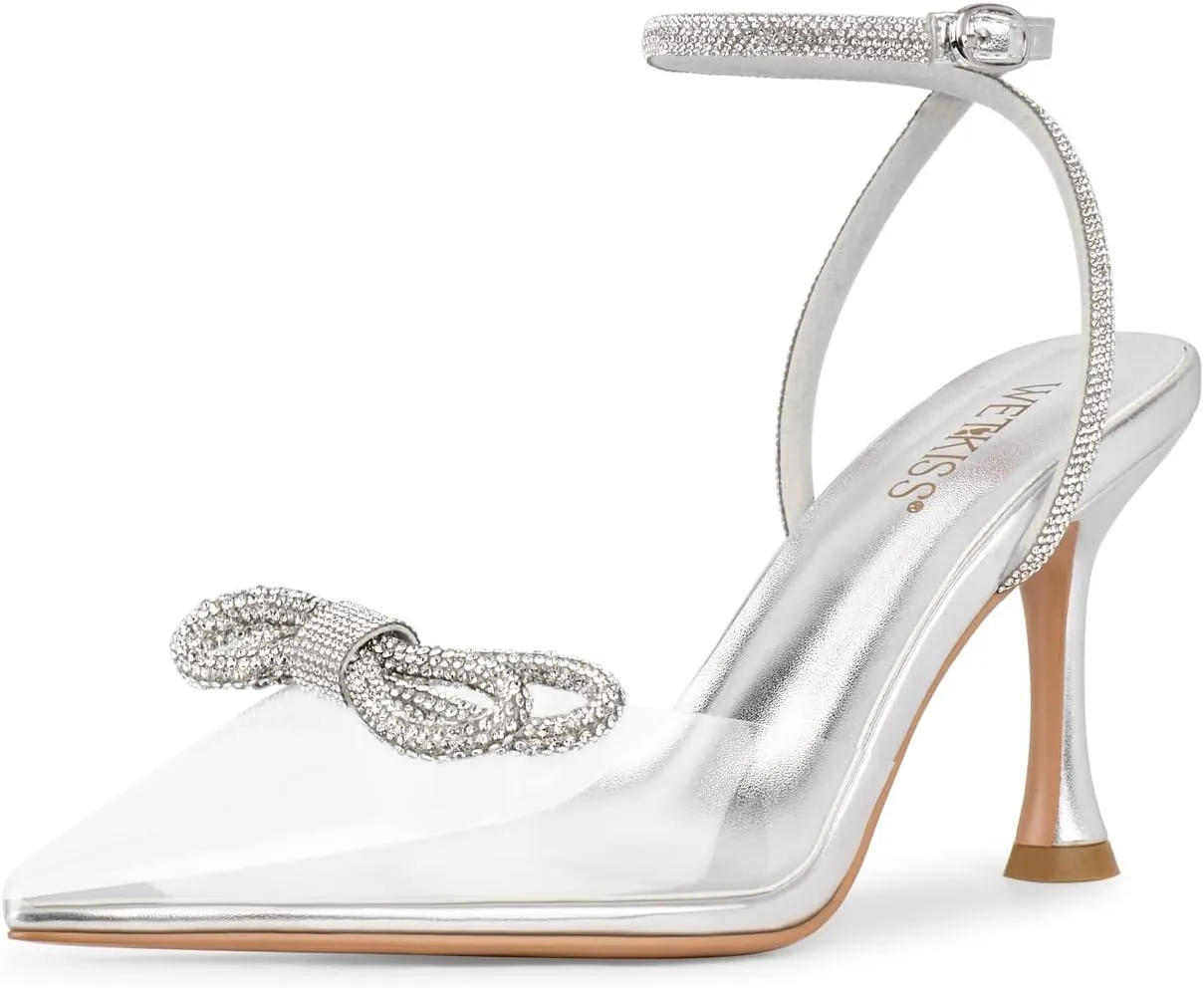 wetkiss Silver Heels for Bride - Sparkly Wedding Heels with Rhinestones, Strappy Closed Toe Pumps for Women, Formal Shoes