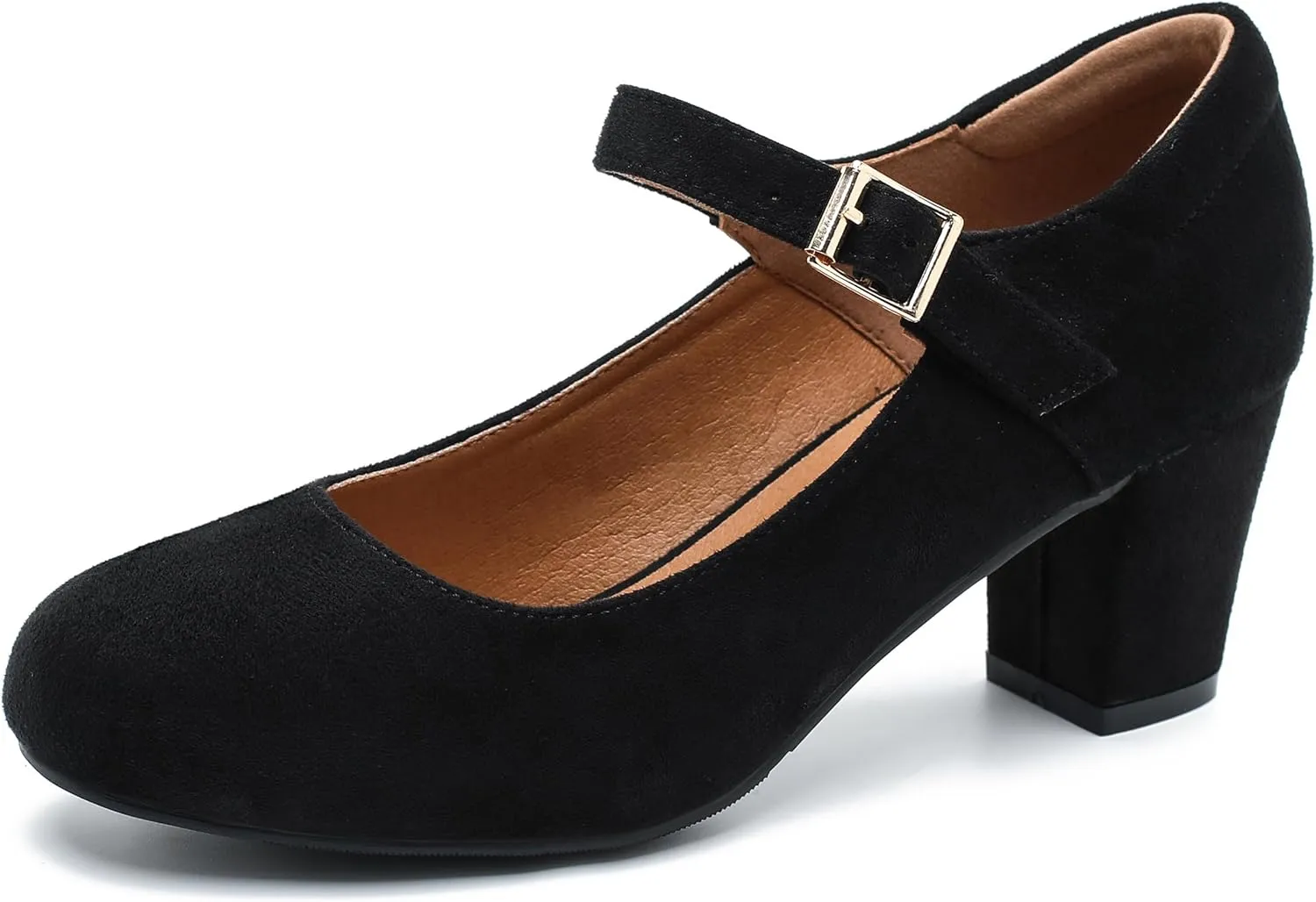 Women's Mary Jane Shoes Low Block Heel Ankle Strap Closed Round Toe Pumps Dress Wedding Office Work Church Shoes Black Suede 38-7US