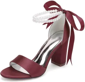 Women's Pearl Chunky Block Sandals for Wedding Shoes for Birde Open Toe Satin Bridal Shoes