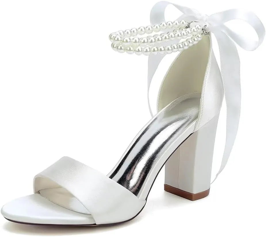 Women's Pearl Chunky Block Sandals for Wedding Shoes for Birde Open Toe Satin Bridal Shoes