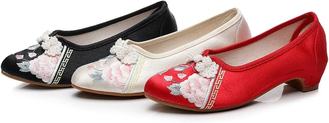 Women's Retro Classic Ballet Flats Shoes Pointed Toe Low Heel Mary Jane Shoes Handmade Floral Embroidered Shoes for Women Cheongsam Shoes