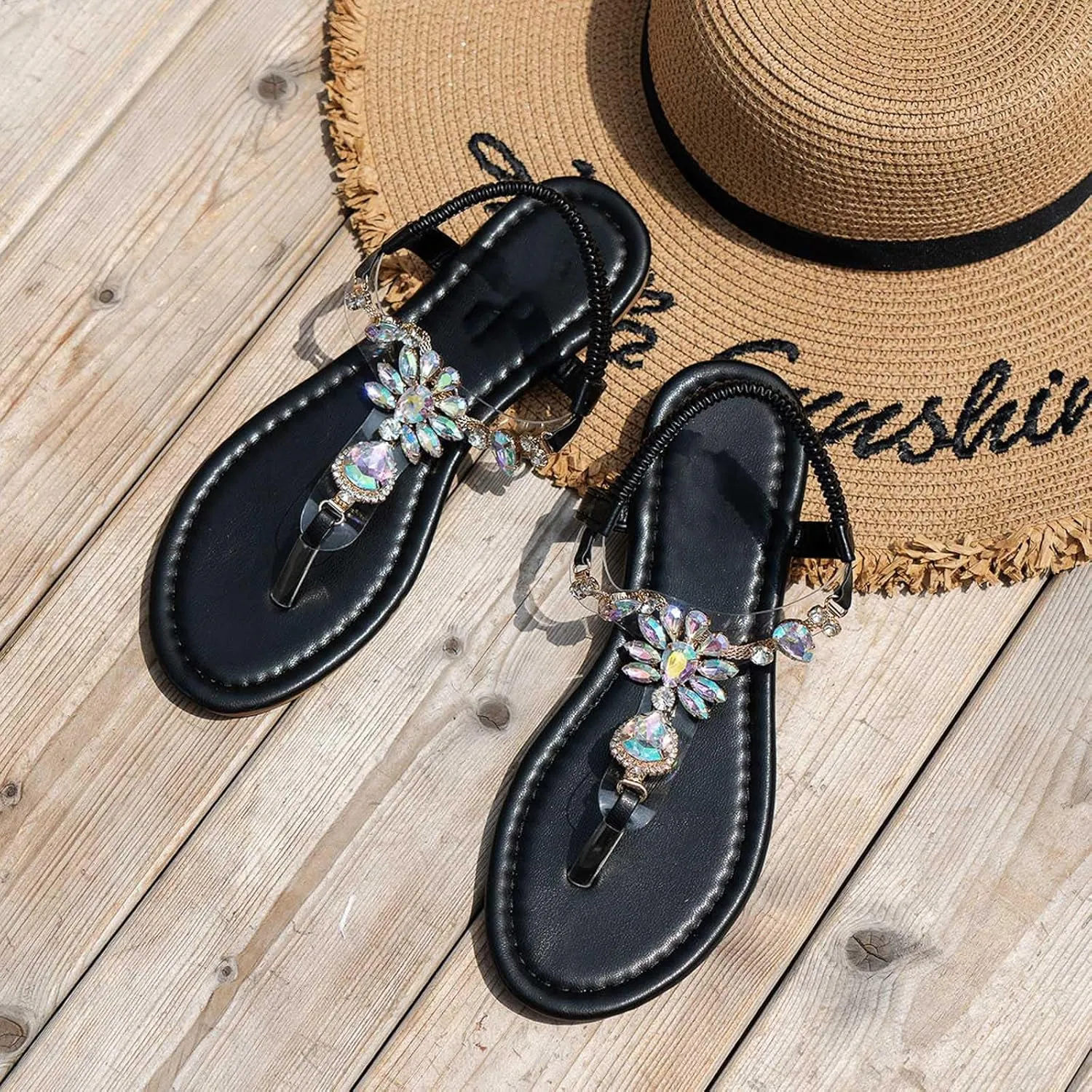 Womens Sandals Dressy Rhinestone Summer Flats For Women Elastic Strap Casual Bohemian Beach Dress Flat Shoes