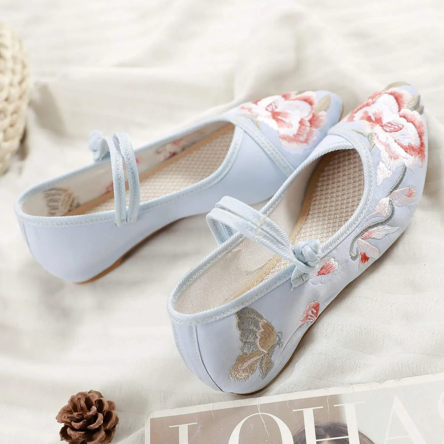ZTWUTANG Women's Floral Embroidered Flat Shoes Pointed Toe Low Heel Mary Jane Shoes