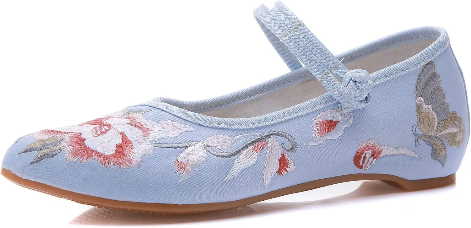ZTWUTANG Women's Floral Embroidered Flat Shoes Pointed Toe Low Heel Mary Jane Shoes