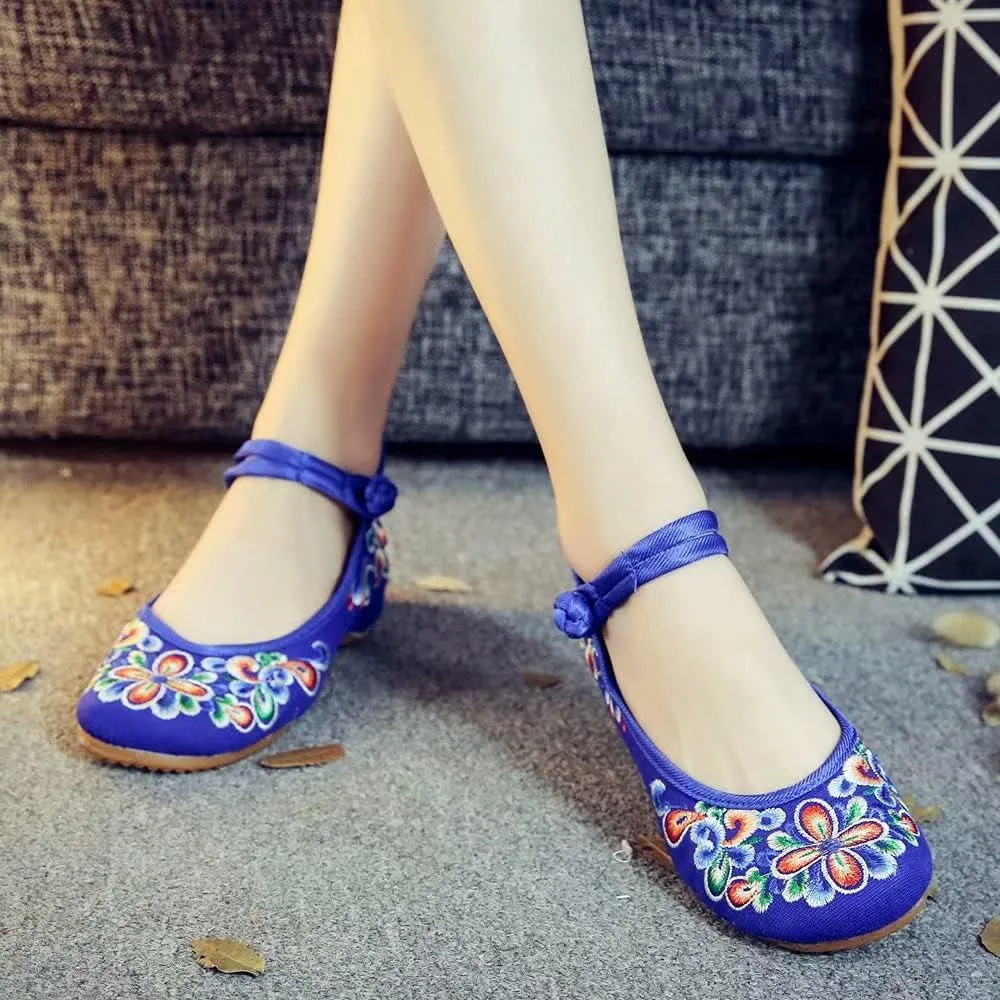 ZTWUTANG Women's Floral Embroidered Flat Shoes Pointed Toe Low Heel Mary Jane Shoes