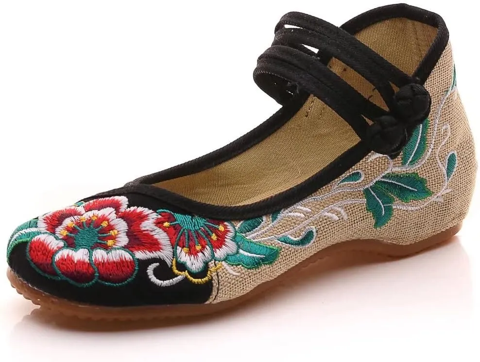 ZTWUTANG Women's Floral Embroidered Flat Shoes Pointed Toe Low Heel Mary Jane Shoes