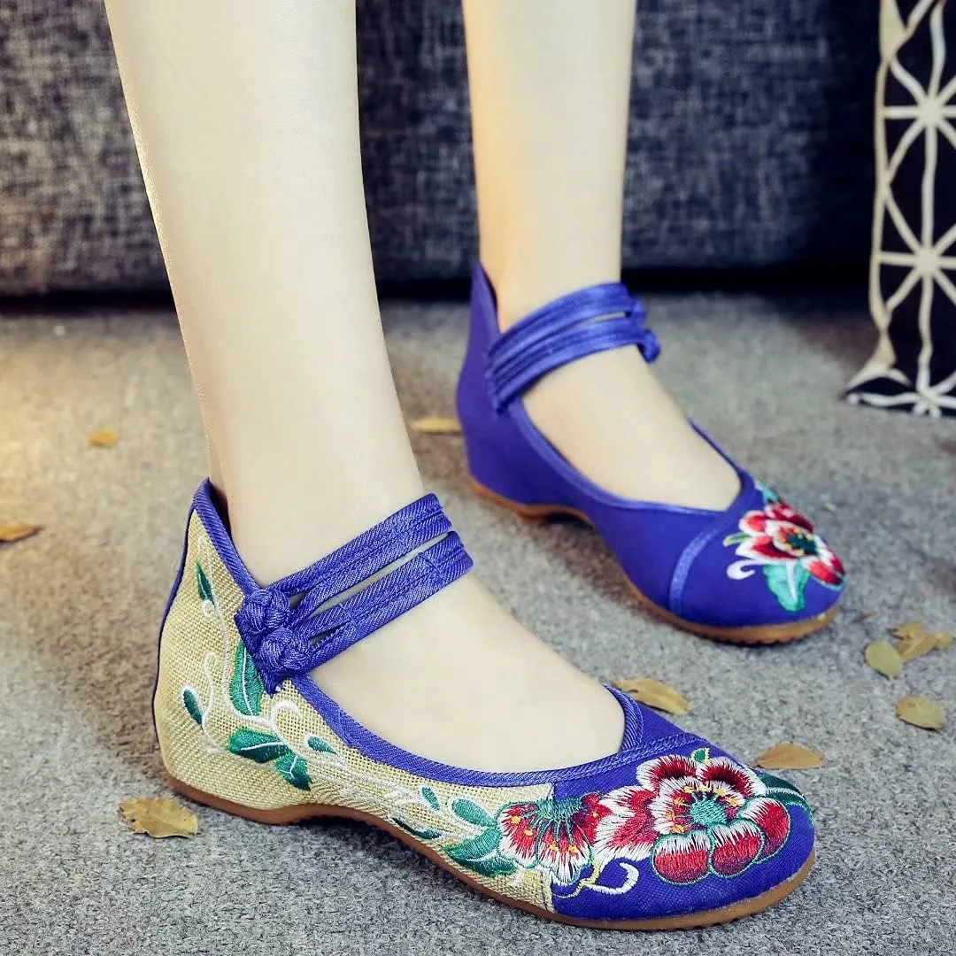 ZTWUTANG Women's Floral Embroidered Flat Shoes Pointed Toe Low Heel Mary Jane Shoes