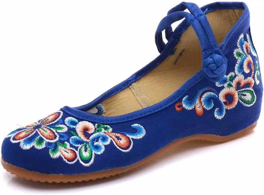 ZTWUTANG Women's Floral Embroidered Flat Shoes Pointed Toe Low Heel Mary Jane Shoes