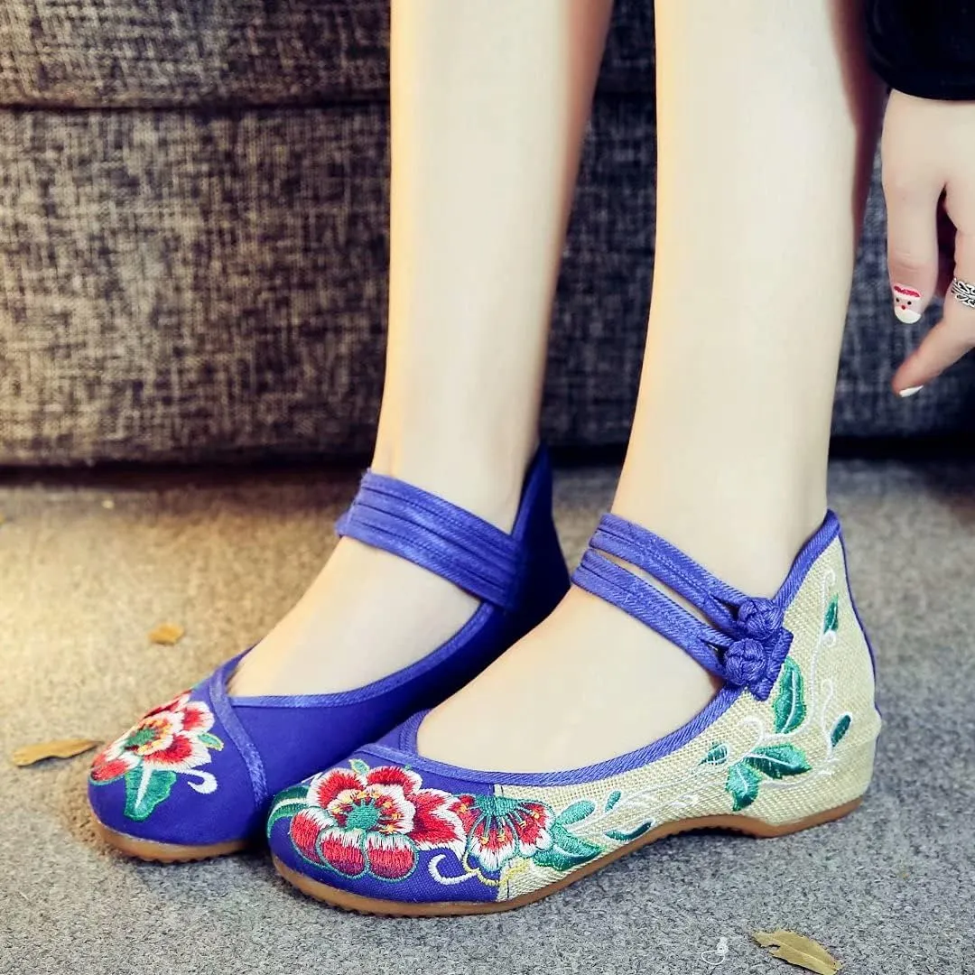 ZTWUTANG Women's Floral Embroidered Flat Shoes Pointed Toe Low Heel Mary Jane Shoes