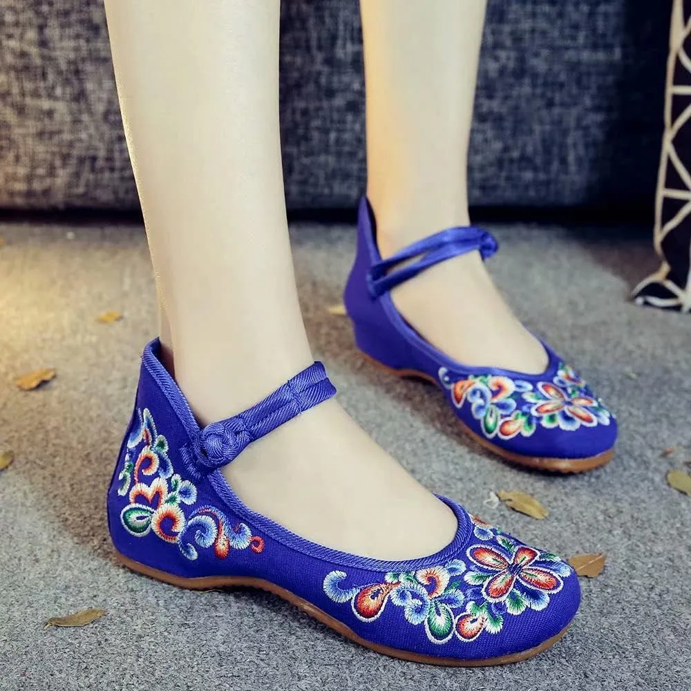 ZTWUTANG Women's Floral Embroidered Flat Shoes Pointed Toe Low Heel Mary Jane Shoes