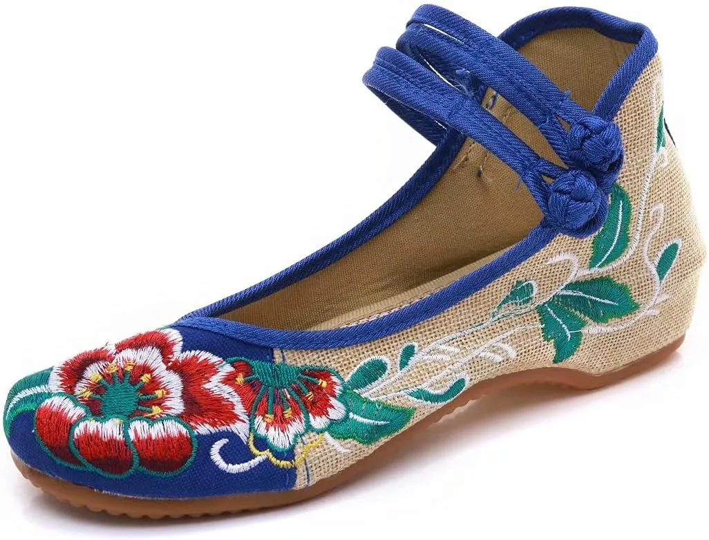 ZTWUTANG Women's Floral Embroidered Flat Shoes Pointed Toe Low Heel Mary Jane Shoes